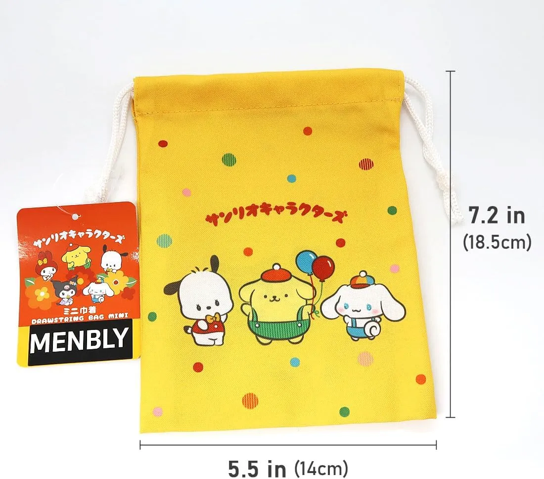 Cute Kawaii Mini Drawstring Bag - Perfect for Travel Toiletries, Makeup, Coin Pouch, and Vacation Essentials - Pochacco, Cinnamo-roll, My Melody, Kuromi, Pompompurin Themed 7.2 inches (Yellow)