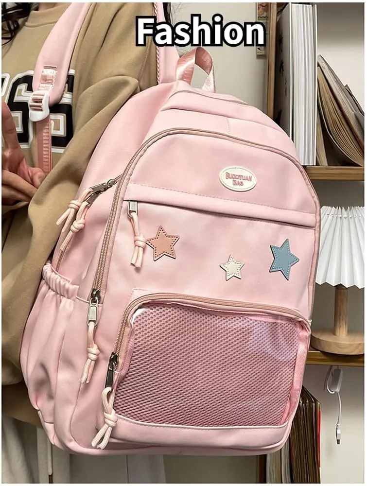 Cute Y2K Aesthetic Backpack Stars Pattern Preppy Backpack Laptop Backpack (Light Blue)