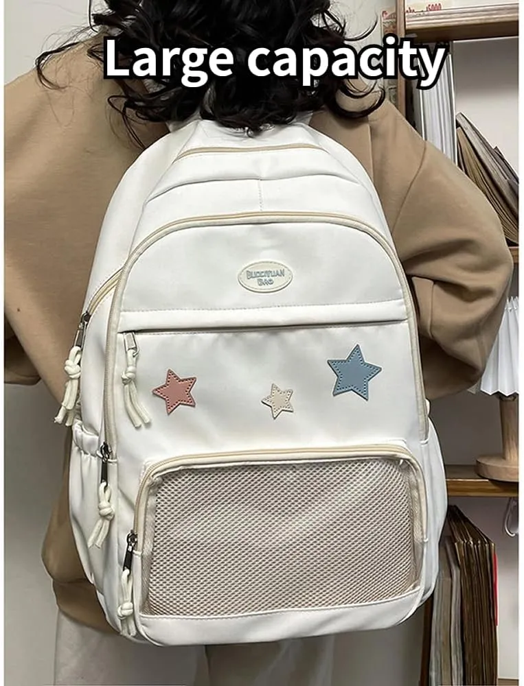 Cute Y2K Aesthetic Backpack Stars Pattern Preppy Backpack Laptop Backpack (Light Blue)
