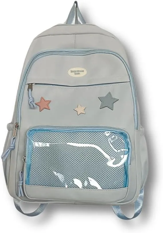 Cute Y2K Aesthetic Backpack Stars Pattern Preppy Backpack Laptop Backpack (Light Blue)