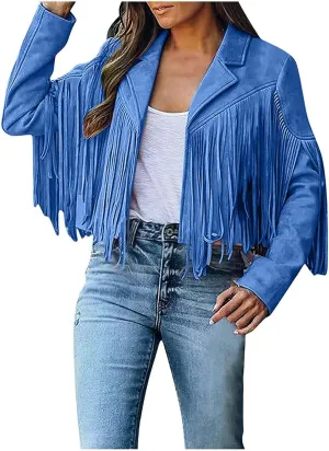 Dademeo Womens Faux Suede Leather Coat Long Sleeve Tassels Motorcycle Short Jacket Cropped Cowboy Fringe Coat