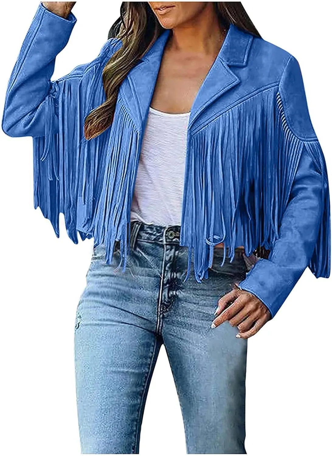 Dademeo Womens Faux Suede Leather Coat Long Sleeve Tassels Motorcycle Short Jacket Cropped Cowboy Fringe Coat