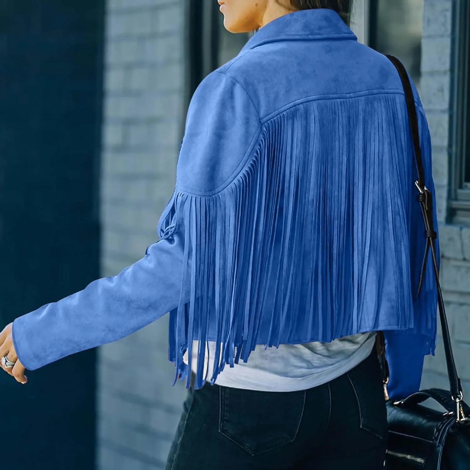 Dademeo Womens Faux Suede Leather Coat Long Sleeve Tassels Motorcycle Short Jacket Cropped Cowboy Fringe Coat