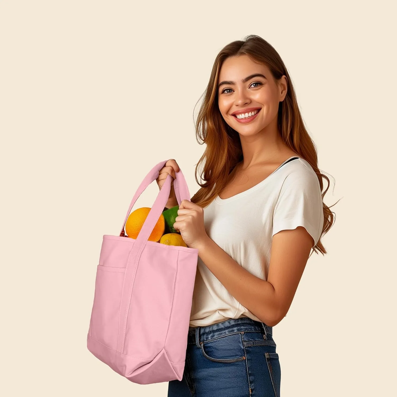 DALIX 20" Solid Color Cotton Canvas Shopping Tote Bag in Light Pink