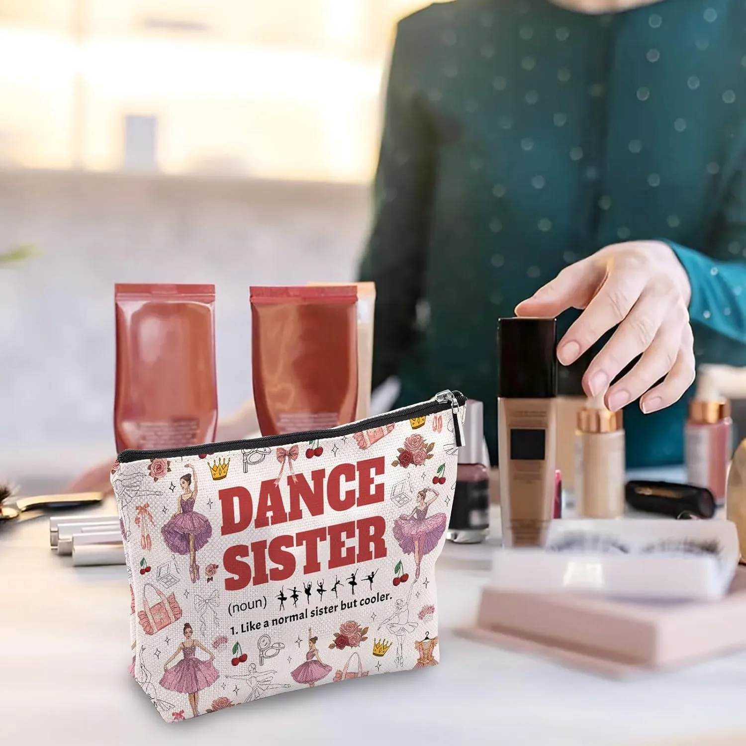 Dance Sister Makeup Bag, Cooler Dancer Gifts For Women Friends, Ballet Dancer Makeup Pouch, Travel Toiletry Bag With Zipper, Birthday Anniversary Christmas Gifts For Little Big Sister
