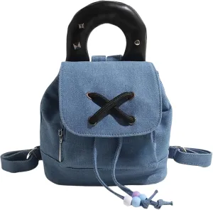 Denim Bucket Kawaii Backpack Drawstring Flap Handbag Y2k Aesthetic Cute Shoulder Small Crossbody Bag (Dark blue)