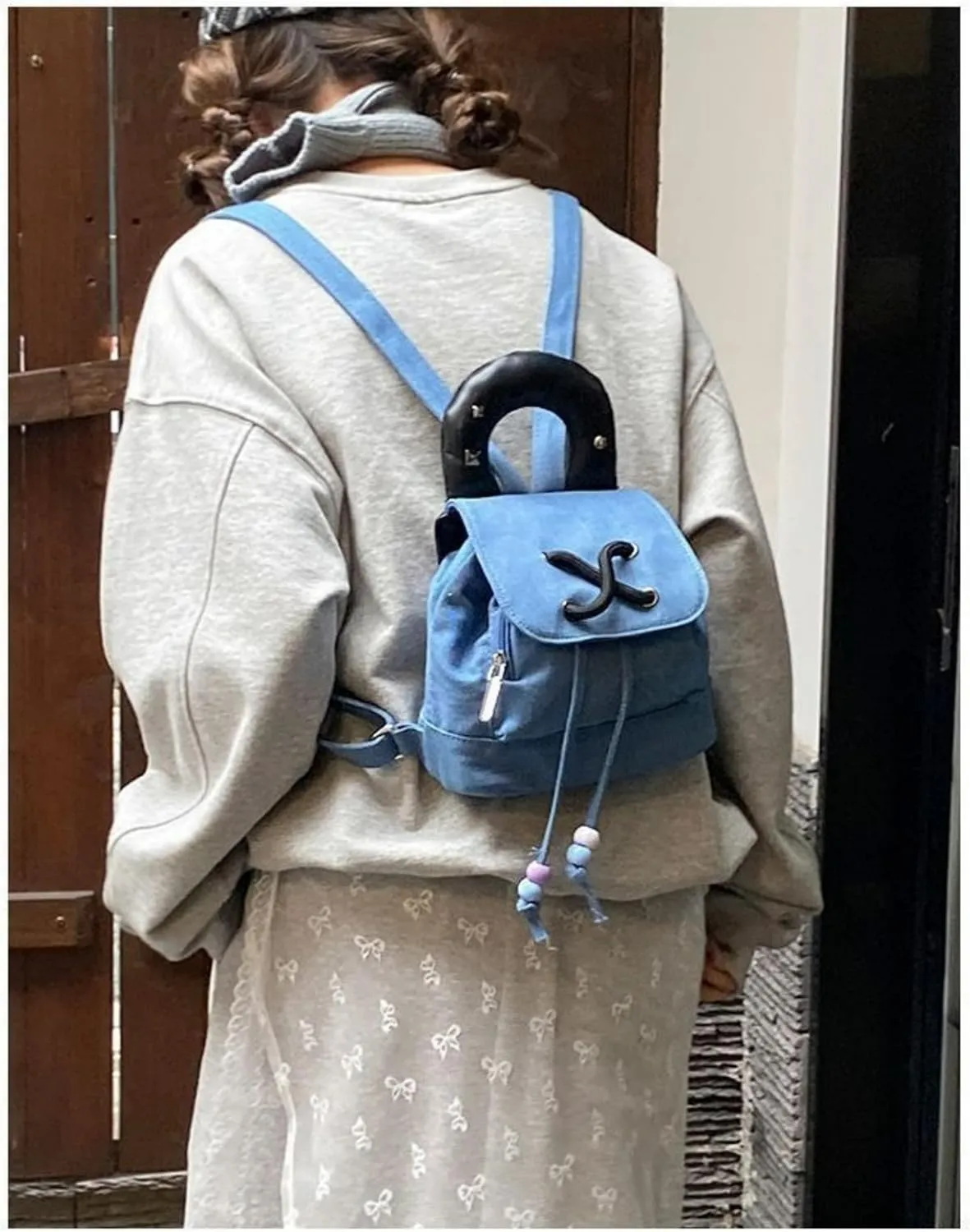 Denim Bucket Kawaii Backpack Drawstring Flap Handbag Y2k Aesthetic Cute Shoulder Small Crossbody Bag (Dark blue)