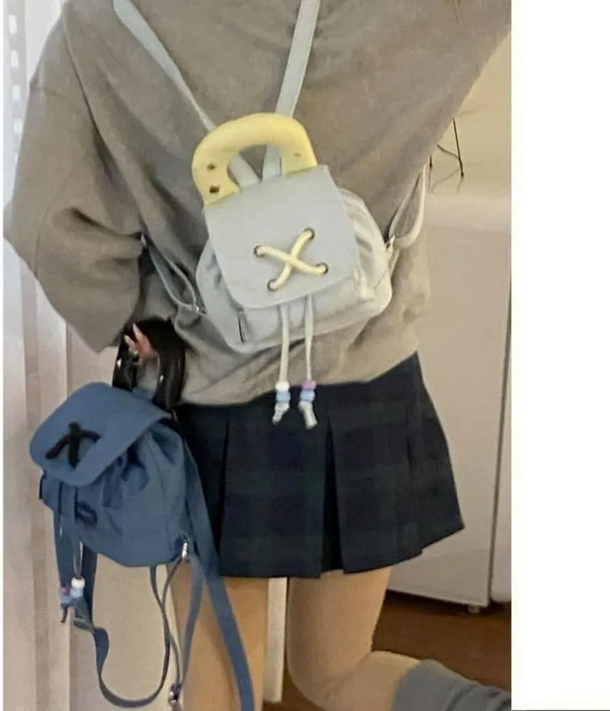 Denim Bucket Kawaii Backpack Drawstring Flap Handbag Y2k Aesthetic Cute Shoulder Small Crossbody Bag (Light blue)