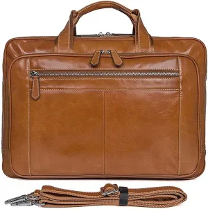 DHAEY Classic Vintage Leather Expandable Double Compartments Business Briefcase Large 15.6Inch Laptop Shoulder Bag Office