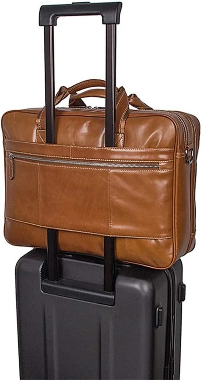 DHAEY Classic Vintage Leather Expandable Double Compartments Business Briefcase Large 15.6Inch Laptop Shoulder Bag Office