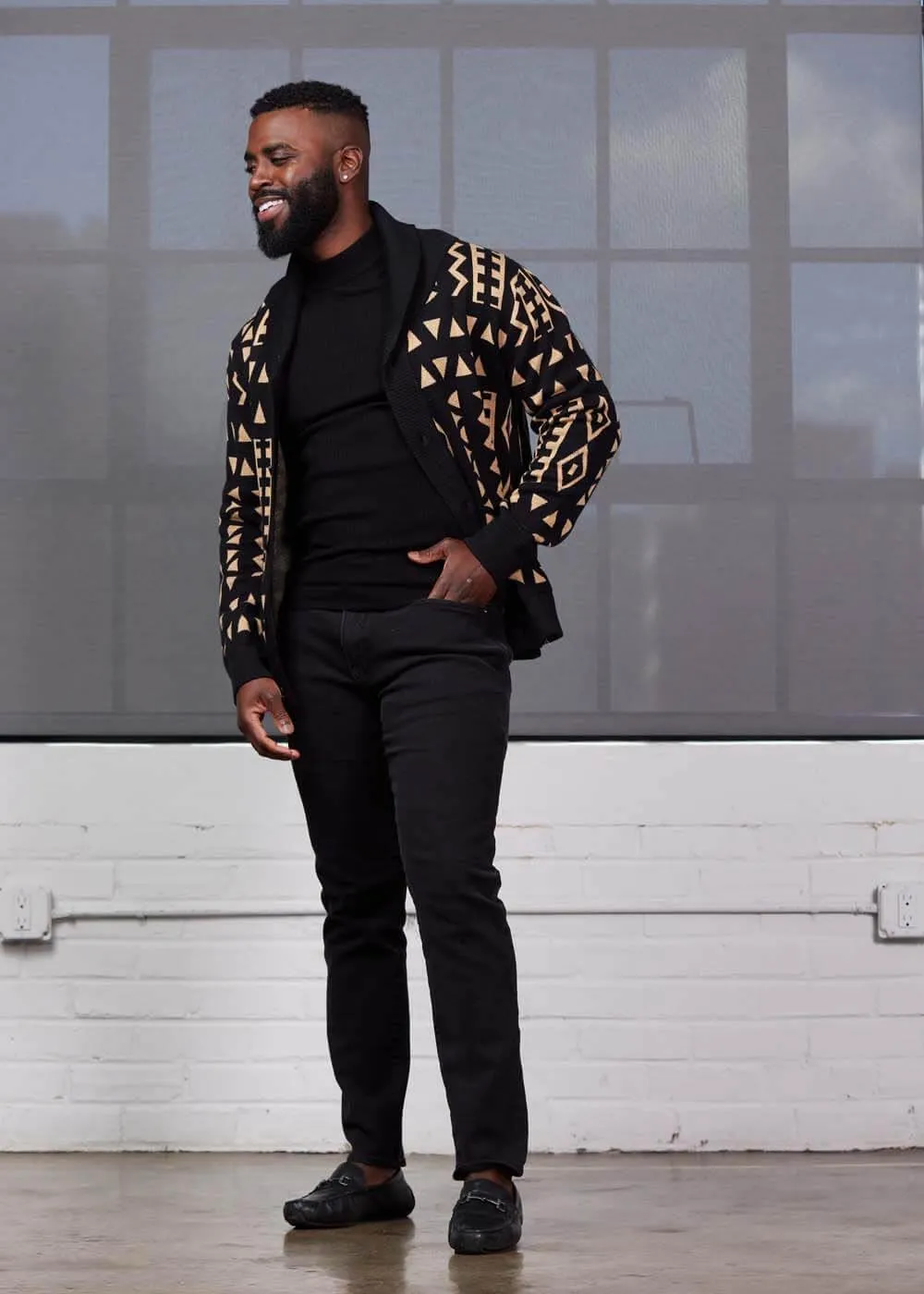 D'IYANU | Aren African Pattern Ankara Men's Sweater | Traditional Culture with Long Sleeves | Tan Black Tribal