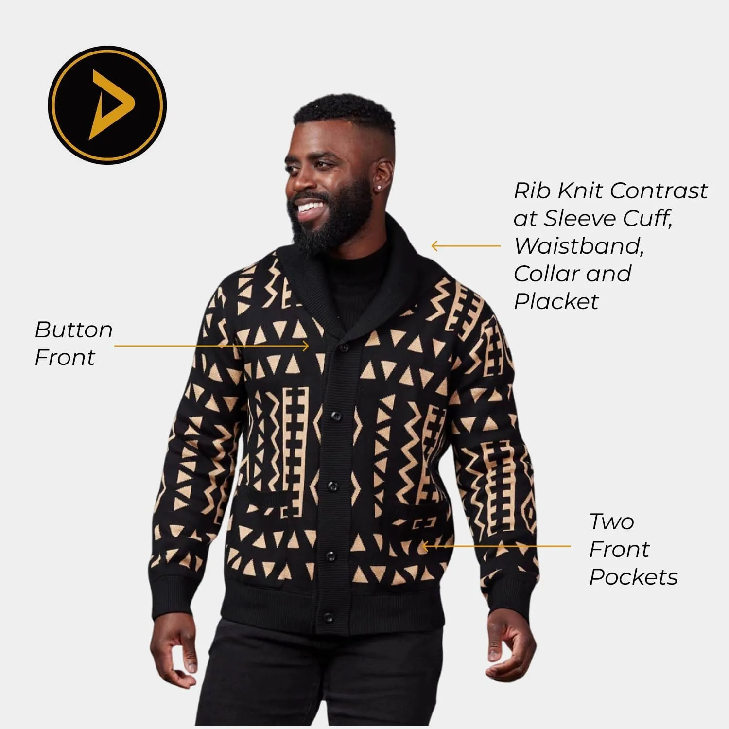 D'IYANU | Aren African Pattern Ankara Men's Sweater | Traditional Culture with Long Sleeves | Tan Black Tribal