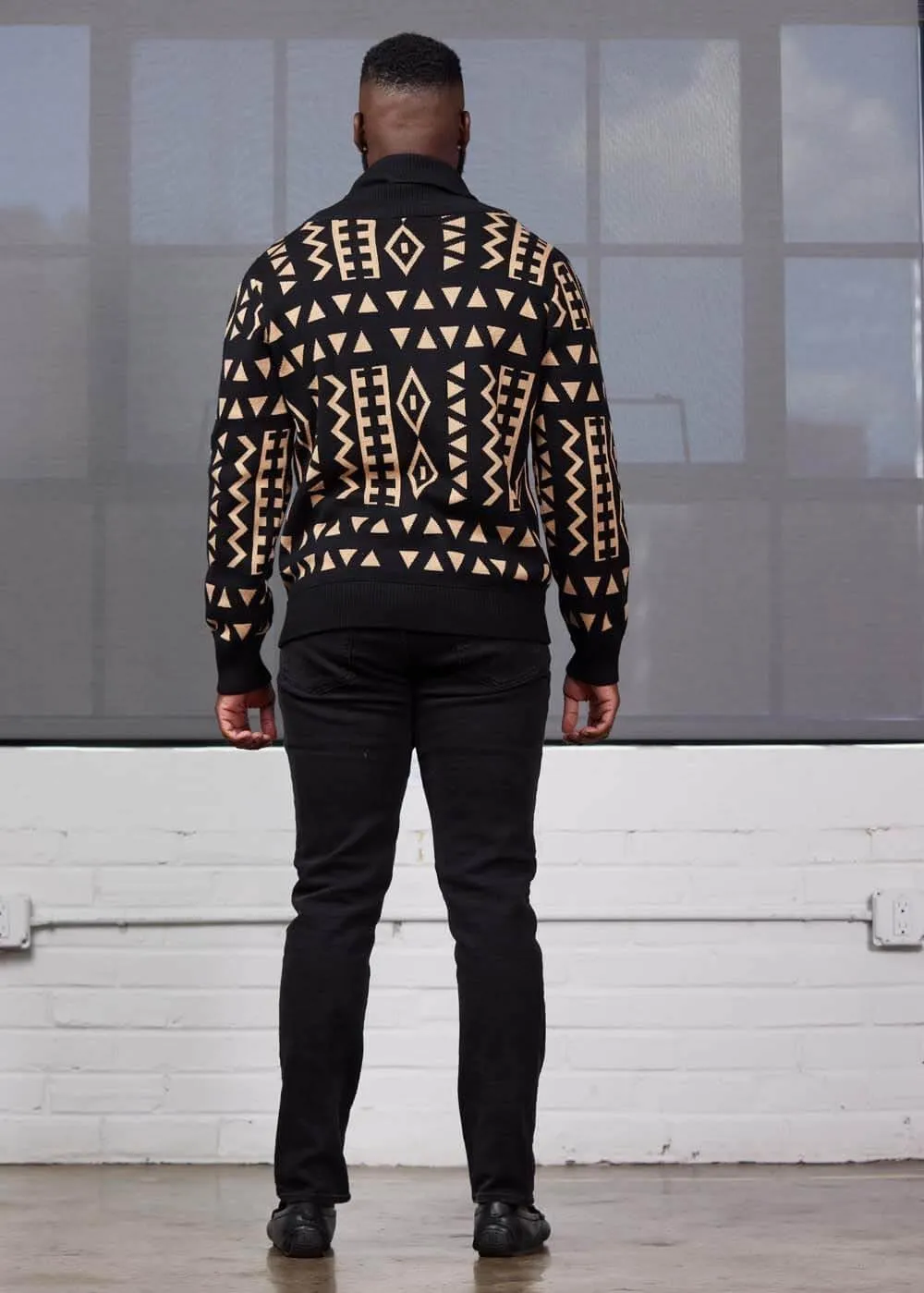 D'IYANU | Aren African Pattern Ankara Men's Sweater | Traditional Culture with Long Sleeves | Tan Black Tribal
