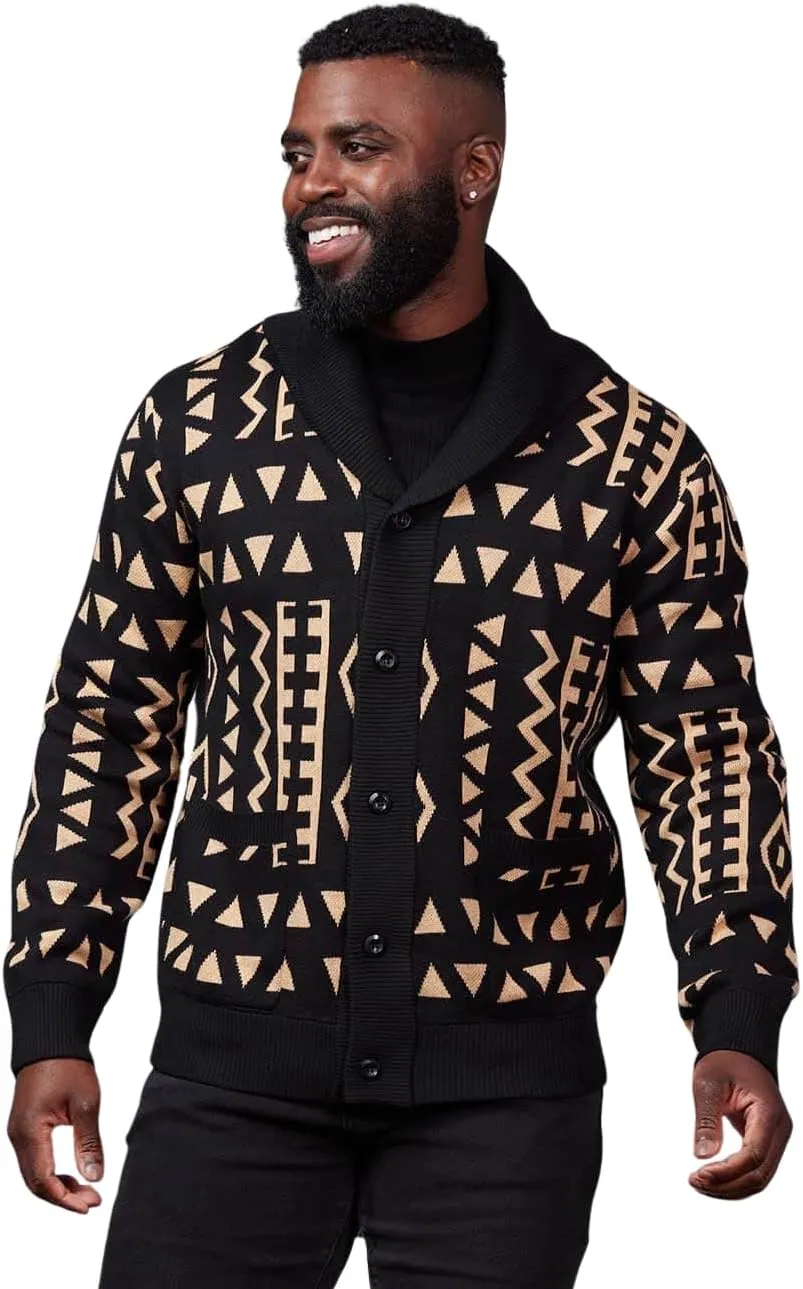 D'IYANU | Aren African Pattern Ankara Men's Sweater | Traditional Culture with Long Sleeves | Tan Black Tribal