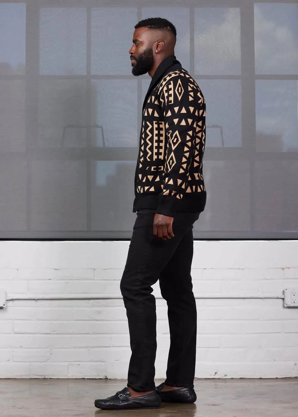 D'IYANU | Aren African Pattern Ankara Men's Sweater | Traditional Culture with Long Sleeves | Tan Black Tribal