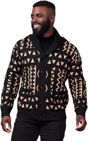 D'IYANU | Aren African Pattern Ankara Men's Sweater | Traditional Culture with Long Sleeves | Tan Black Tribal