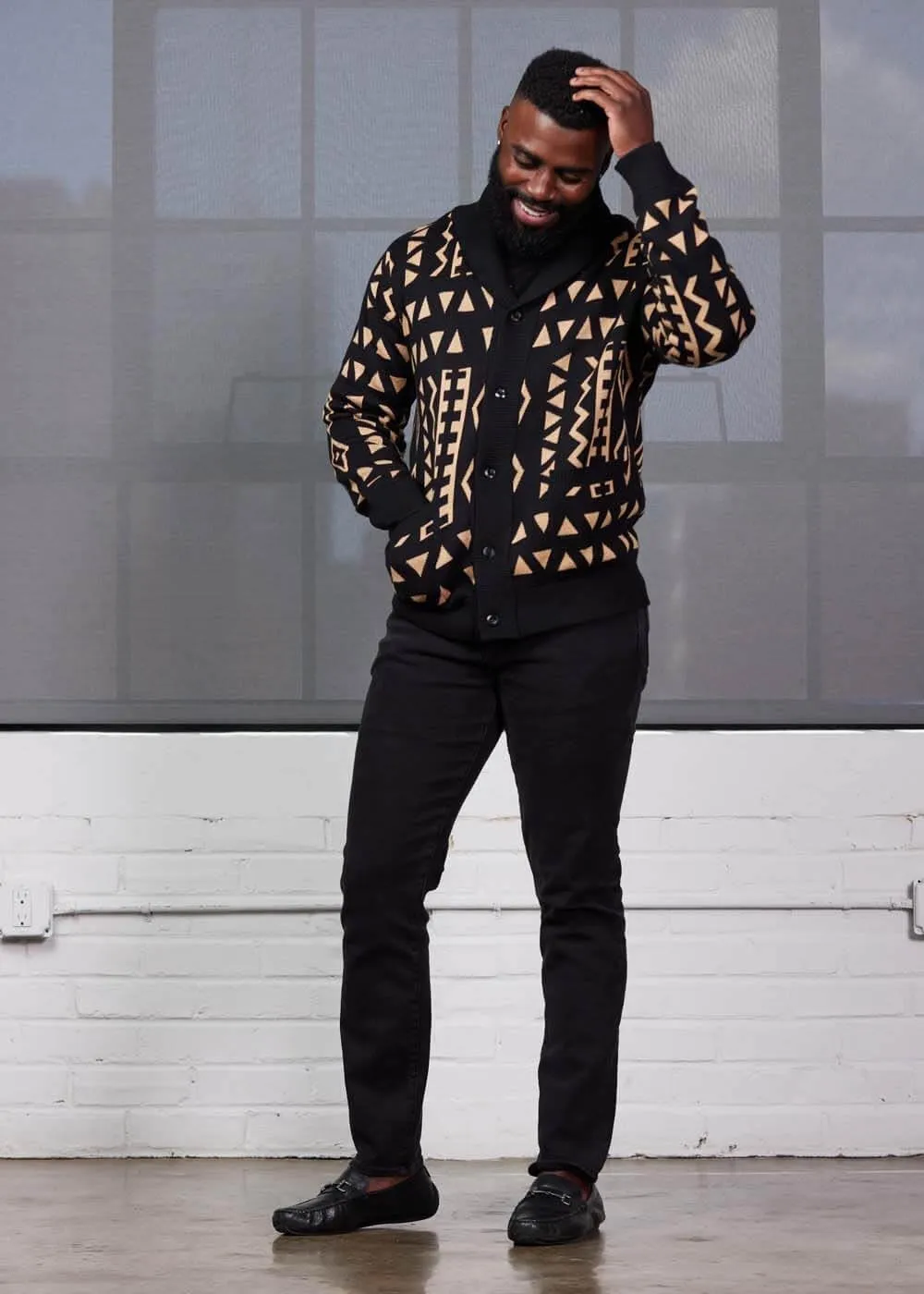 D'IYANU | Aren African Pattern Ankara Men's Sweater | Traditional Culture with Long Sleeves | Tan Black Tribal
