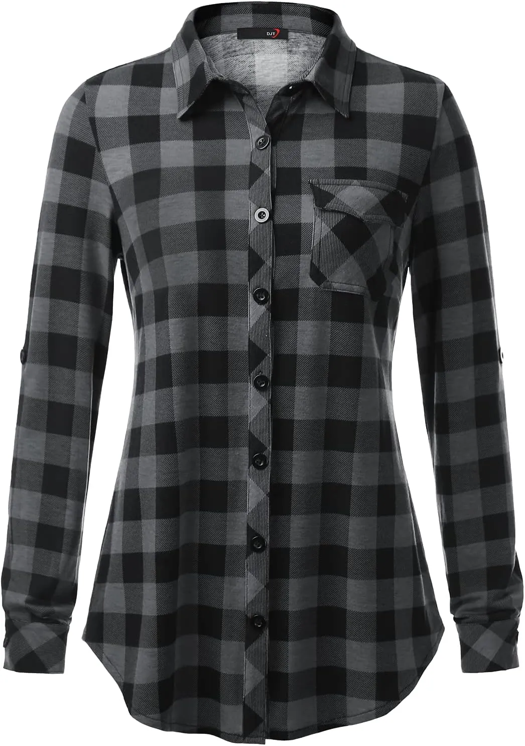 DJT Womens Soft Knitted Shirts Stretchy Roll Up Long Sleeve Dressy Casual Button Down Shirt Work Blouse Tops