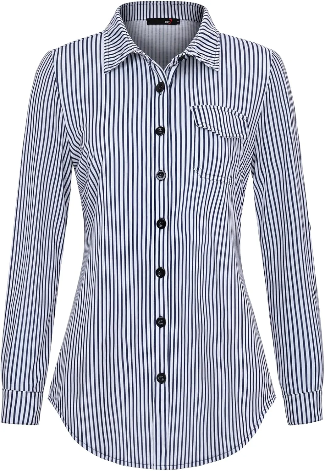 DJT Womens Soft Knitted Shirts Stretchy Roll Up Long Sleeve Dressy Casual Button Down Shirt Work Blouse Tops