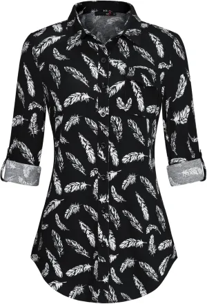 DJT Womens Soft Knitted Shirts Stretchy Roll Up Long Sleeve Dressy Casual Button Down Shirt Work Blouse Tops