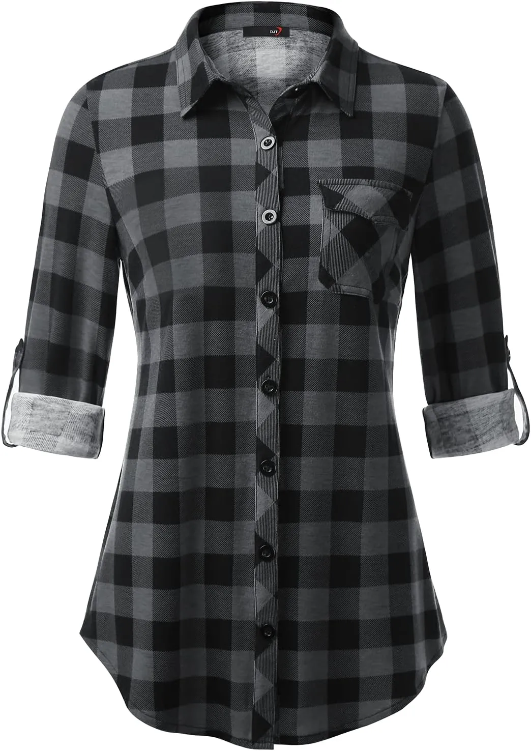 DJT Womens Soft Knitted Shirts Stretchy Roll Up Long Sleeve Dressy Casual Button Down Shirt Work Blouse Tops