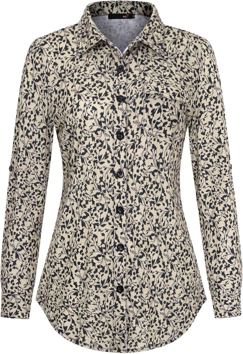 DJT Womens Soft Knitted Shirts Stretchy Roll Up Long Sleeve Dressy Casual Button Down Shirt Work Blouse Tops