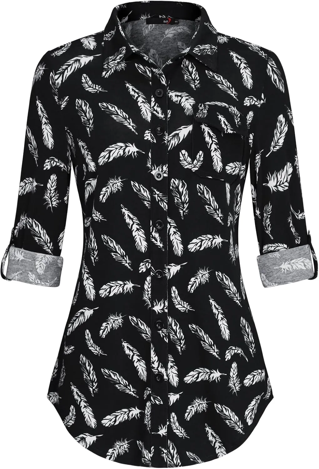 DJT Womens Soft Knitted Shirts Stretchy Roll Up Long Sleeve Dressy Casual Button Down Shirt Work Blouse Tops