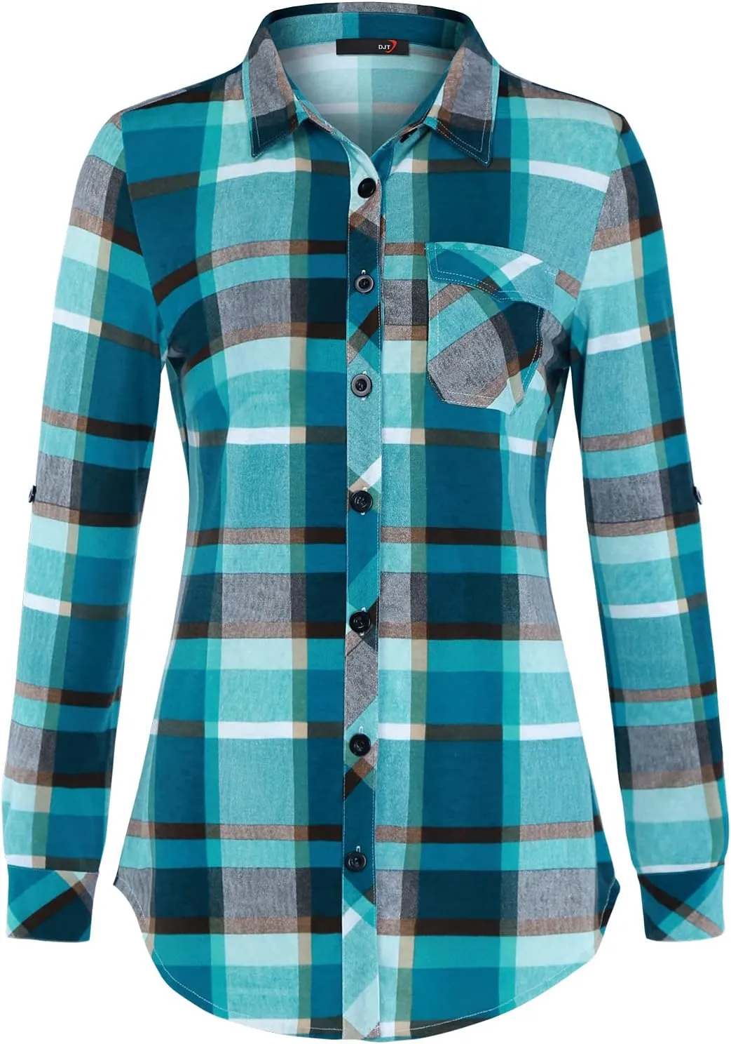 DJT Womens Soft Knitted Shirts Stretchy Roll Up Long Sleeve Dressy Casual Button Down Shirt Work Blouse Tops
