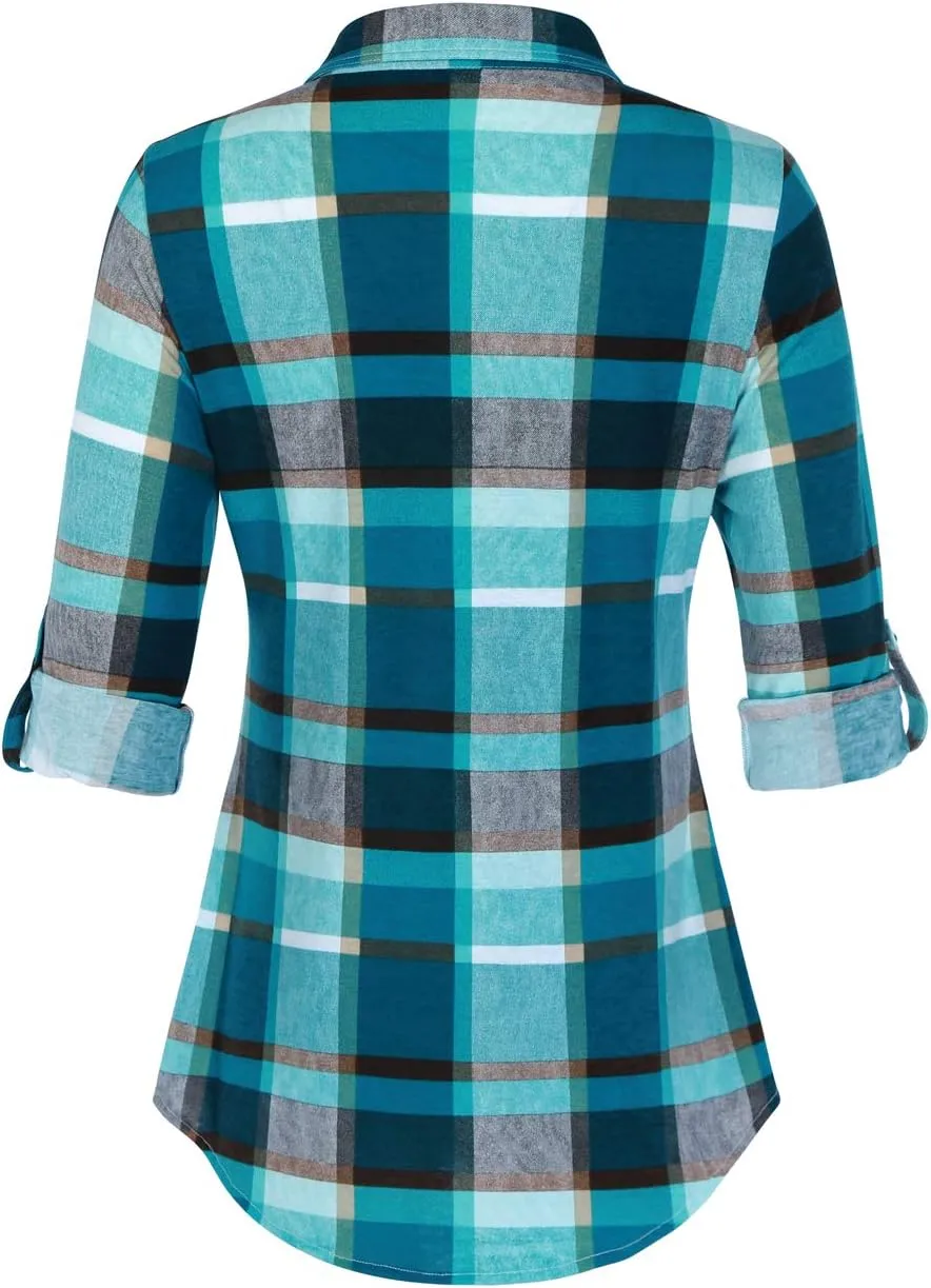 DJT Womens Soft Knitted Shirts Stretchy Roll Up Long Sleeve Dressy Casual Button Down Shirt Work Blouse Tops