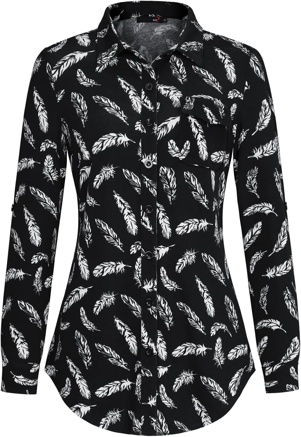 DJT Womens Soft Knitted Shirts Stretchy Roll Up Long Sleeve Dressy Casual Button Down Shirt Work Blouse Tops