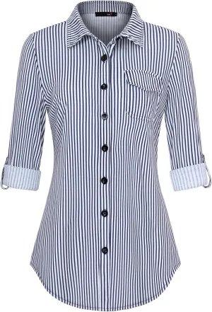DJT Womens Soft Knitted Shirts Stretchy Roll Up Long Sleeve Dressy Casual Button Down Shirt Work Blouse Tops