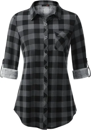 DJT Womens Soft Knitted Shirts Stretchy Roll Up Long Sleeve Dressy Casual Button Down Shirt Work Blouse Tops