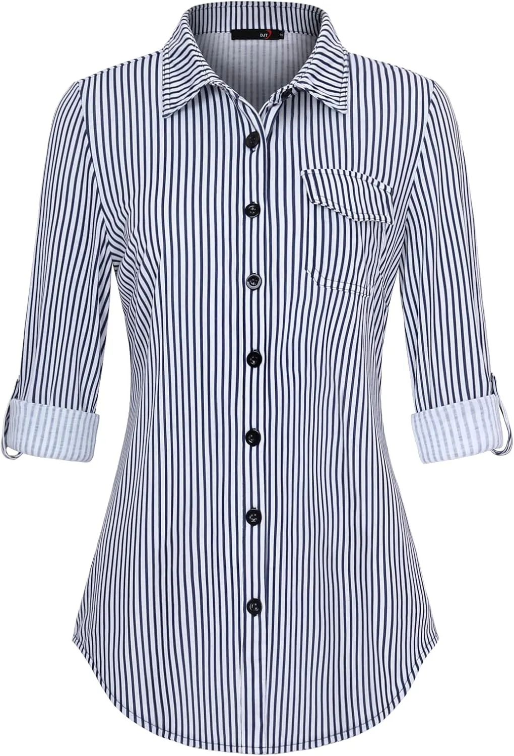 DJT Womens Soft Knitted Shirts Stretchy Roll Up Long Sleeve Dressy Casual Button Down Shirt Work Blouse Tops