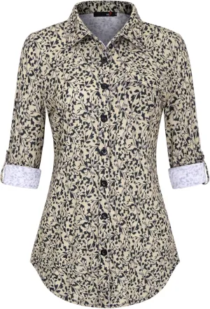 DJT Womens Soft Knitted Shirts Stretchy Roll Up Long Sleeve Dressy Casual Button Down Shirt Work Blouse Tops