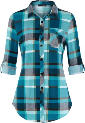 DJT Womens Soft Knitted Shirts Stretchy Roll Up Long Sleeve Dressy Casual Button Down Shirt Work Blouse Tops