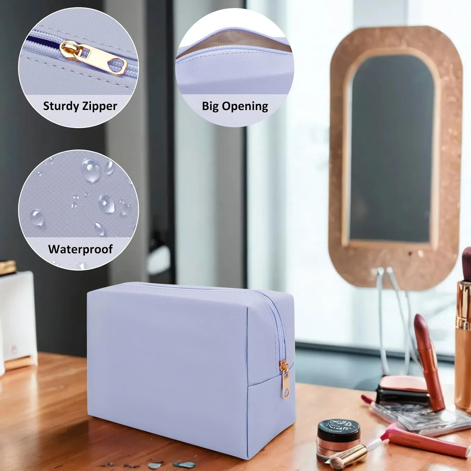 DOB SECHS PU Leather Cosmetic Bag Portable Toiletry Bag for Daily Use Cosmetic Organizer Water-resistant Make up Organizer Light Weight Travel Makeup Bag Cosmetic Pouch (Light Blue, L)