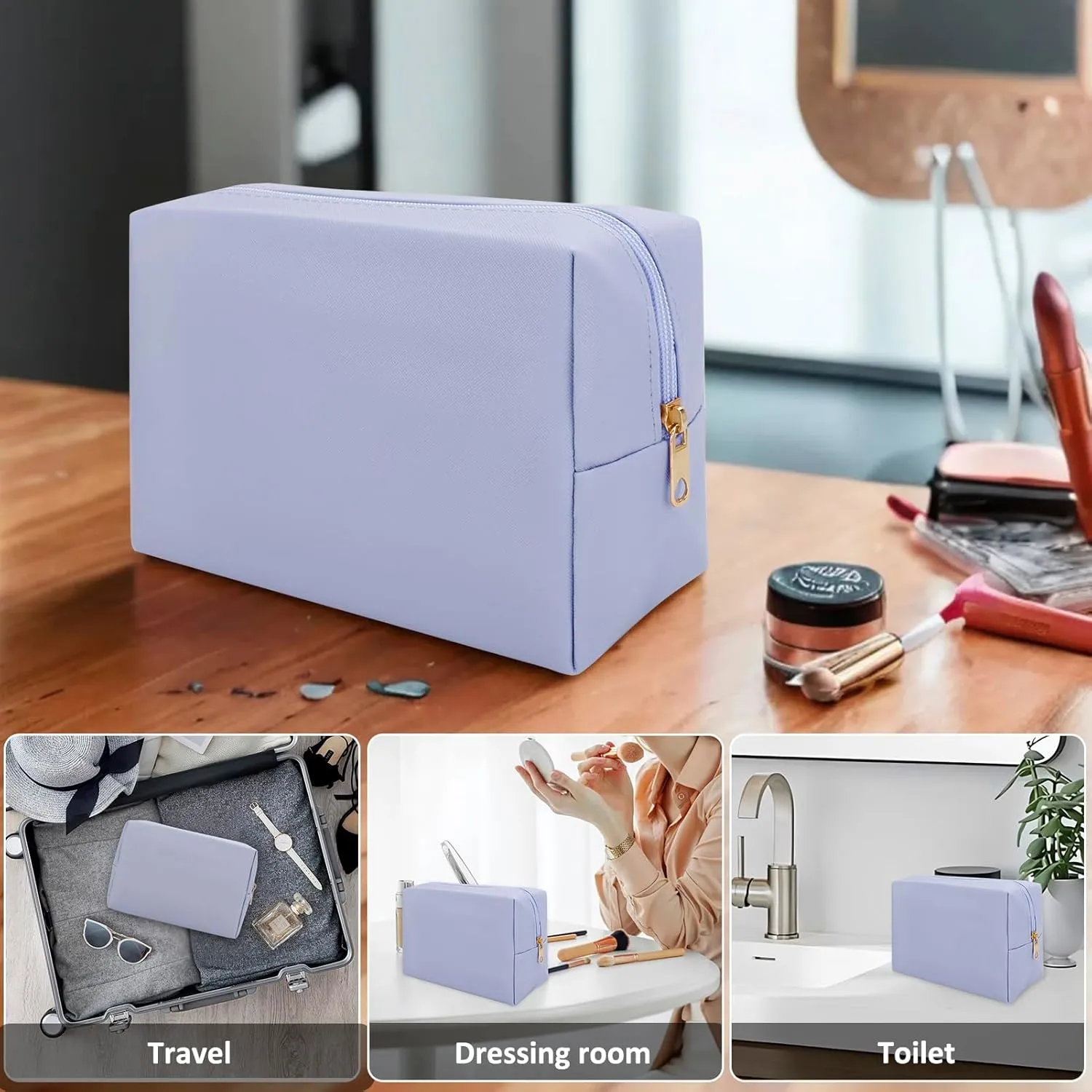 DOB SECHS PU Leather Cosmetic Bag Portable Toiletry Bag for Daily Use Cosmetic Organizer Water-resistant Make up Organizer Light Weight Travel Makeup Bag Cosmetic Pouch (Light Blue, L)