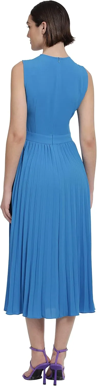 Donna Morgan Women's Sleeveless Stretch Light Bubble Crepe Pleated Skirt Midi Dress