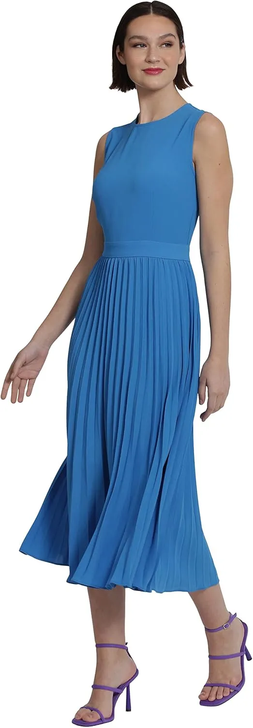 Donna Morgan Women's Sleeveless Stretch Light Bubble Crepe Pleated Skirt Midi Dress