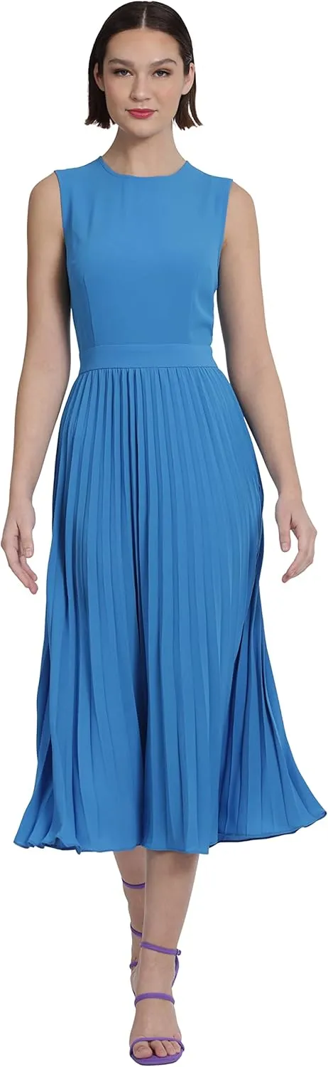 Donna Morgan Women's Sleeveless Stretch Light Bubble Crepe Pleated Skirt Midi Dress