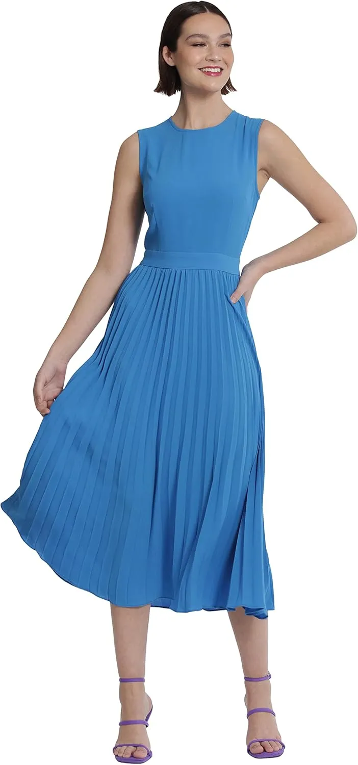 Donna Morgan Women's Sleeveless Stretch Light Bubble Crepe Pleated Skirt Midi Dress
