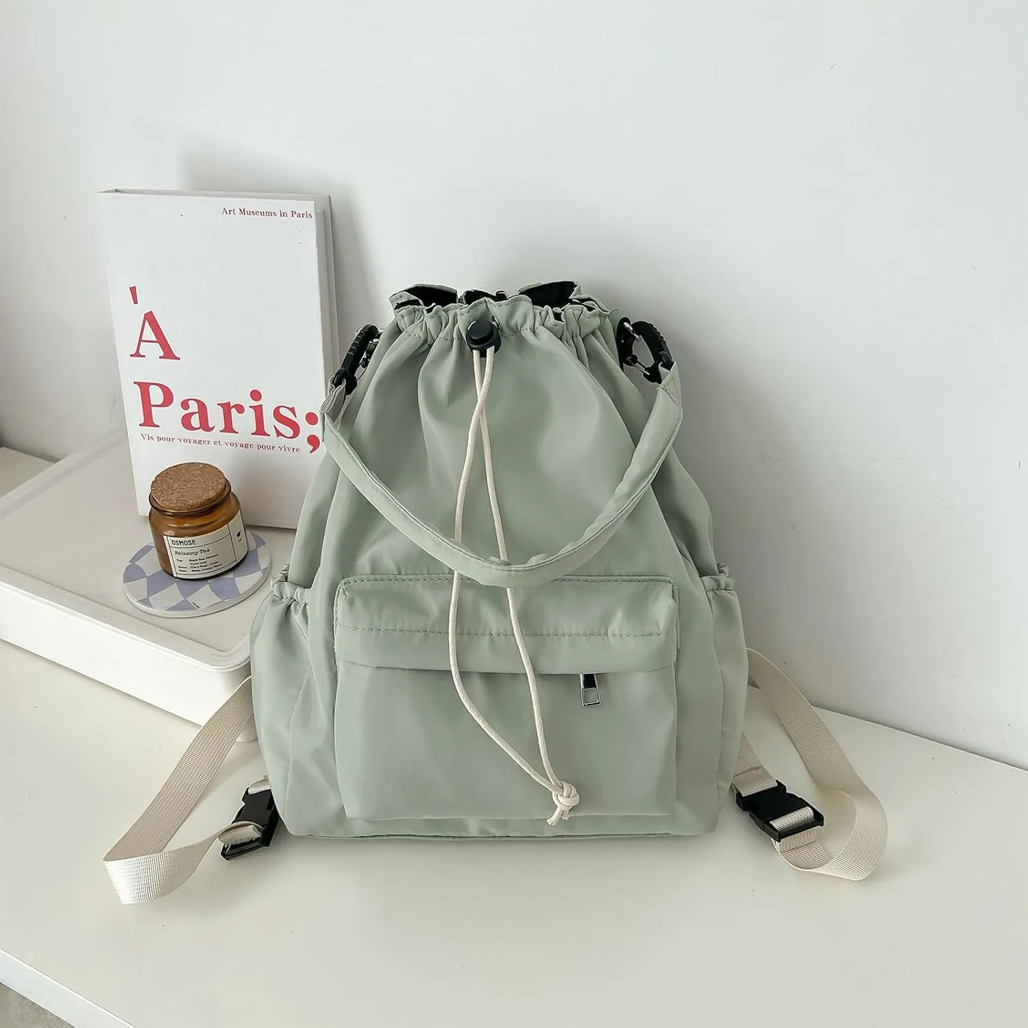 Drawstring Backpack, Small Nylon Drawstring Bucket Bag Purse, Light Green, One Size