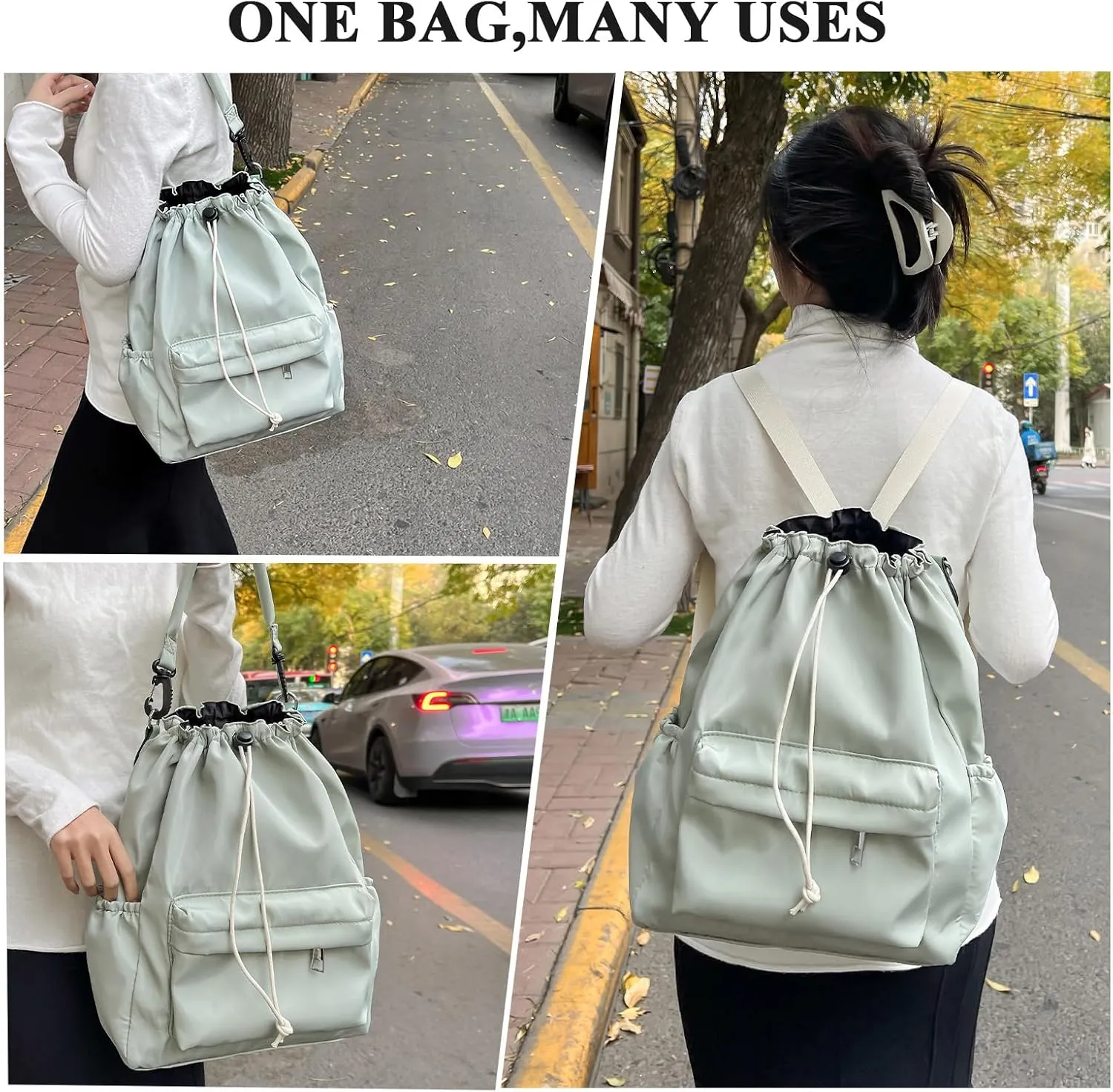 Drawstring Backpack, Small Nylon Drawstring Bucket Bag Purse, Light Green, One Size