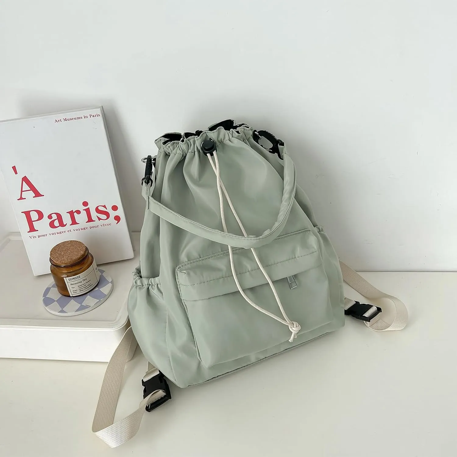 Drawstring Backpack, Small Nylon Drawstring Bucket Bag Purse, Light Green, One Size