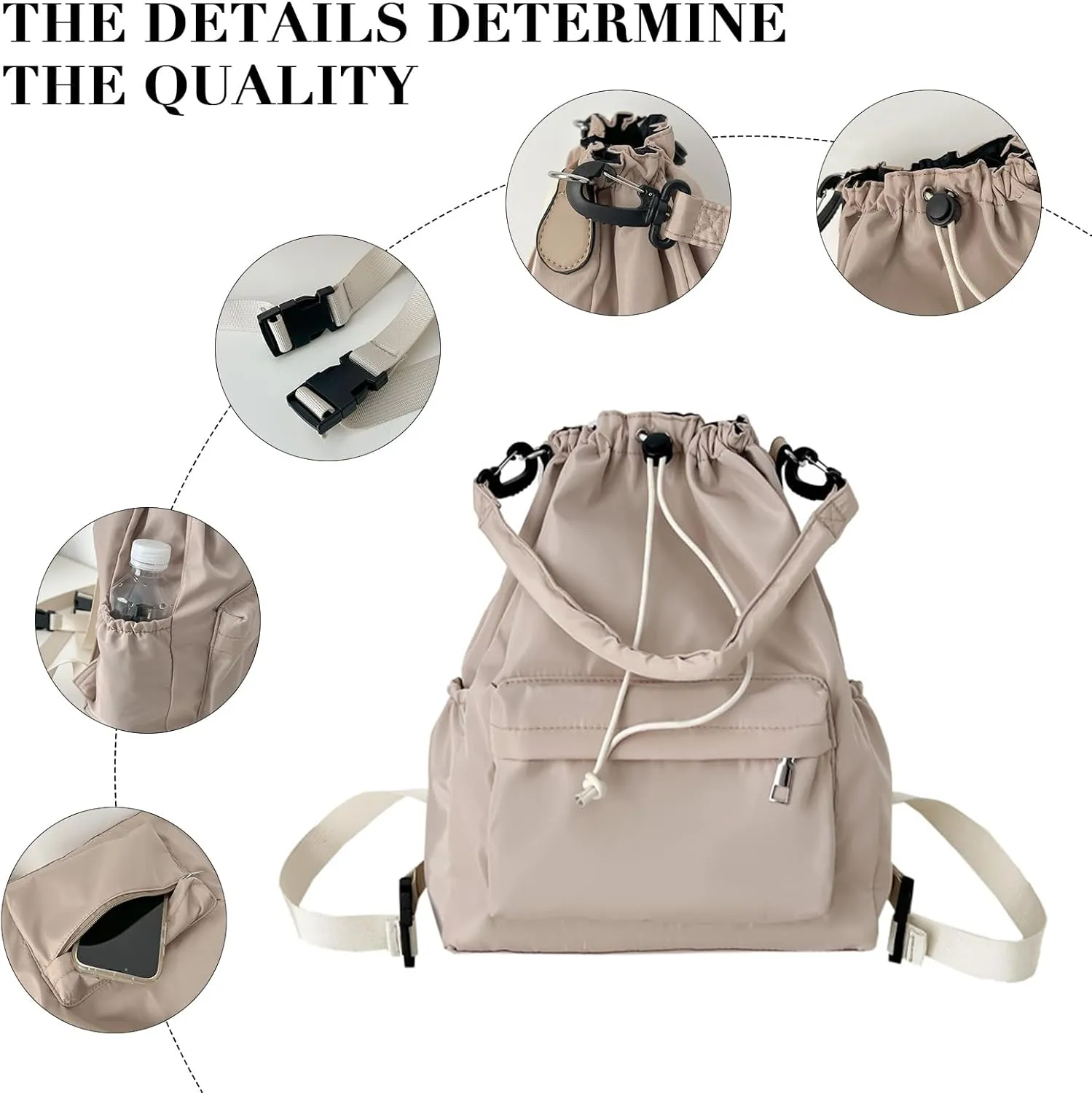 Drawstring Backpack, Small Nylon Drawstring Bucket Bag Purse, Light Green, One Size