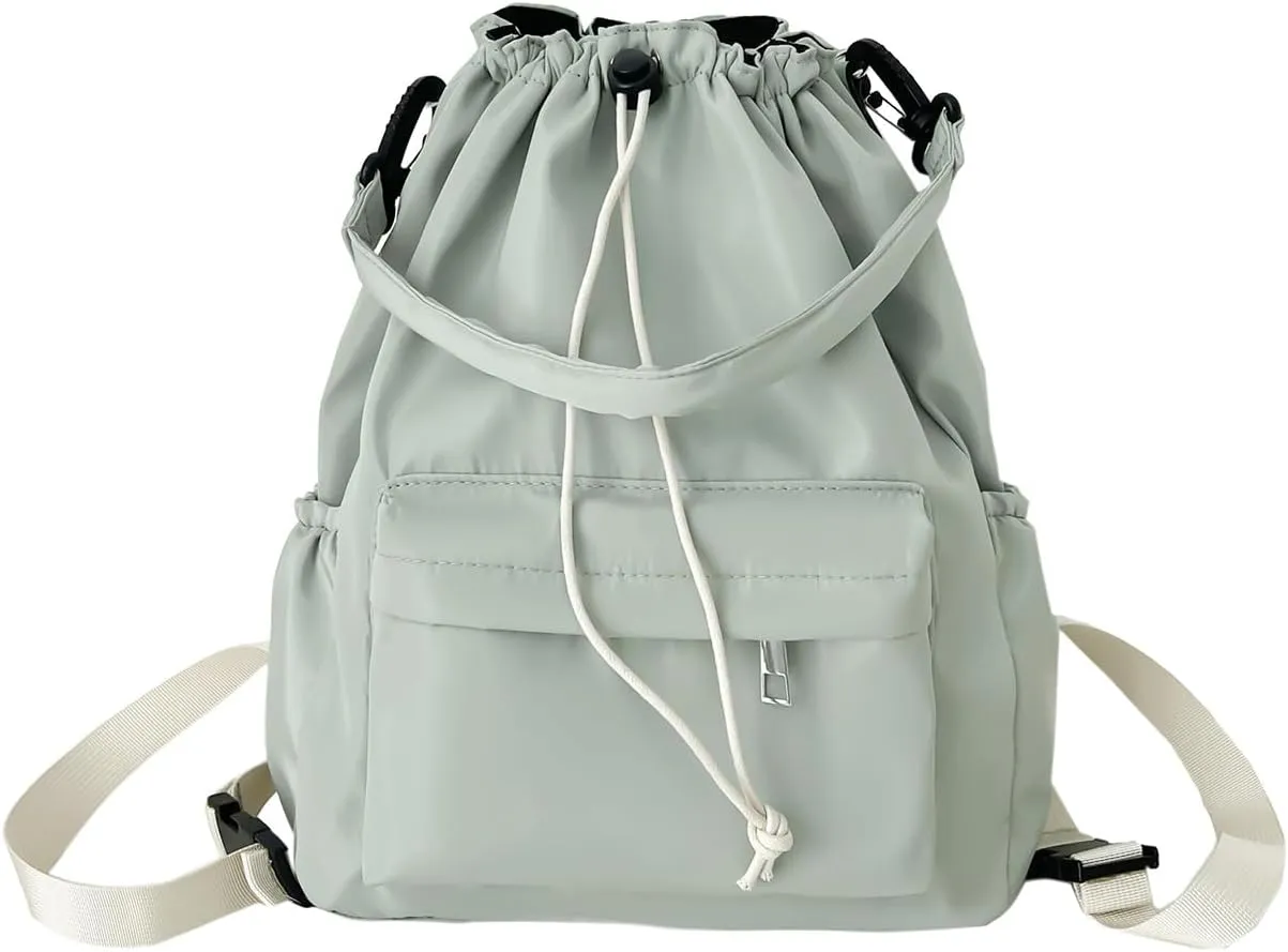 Drawstring Backpack, Small Nylon Drawstring Bucket Bag Purse, Light Green, One Size