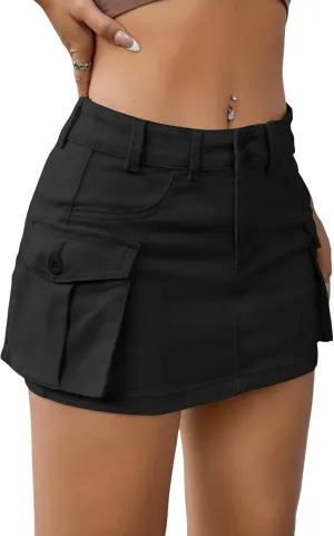 EARKOHA Women's Mini Cargo Skirt Y2K Low Waist Button Short Bodycon Denim Jean With Flap Pockets