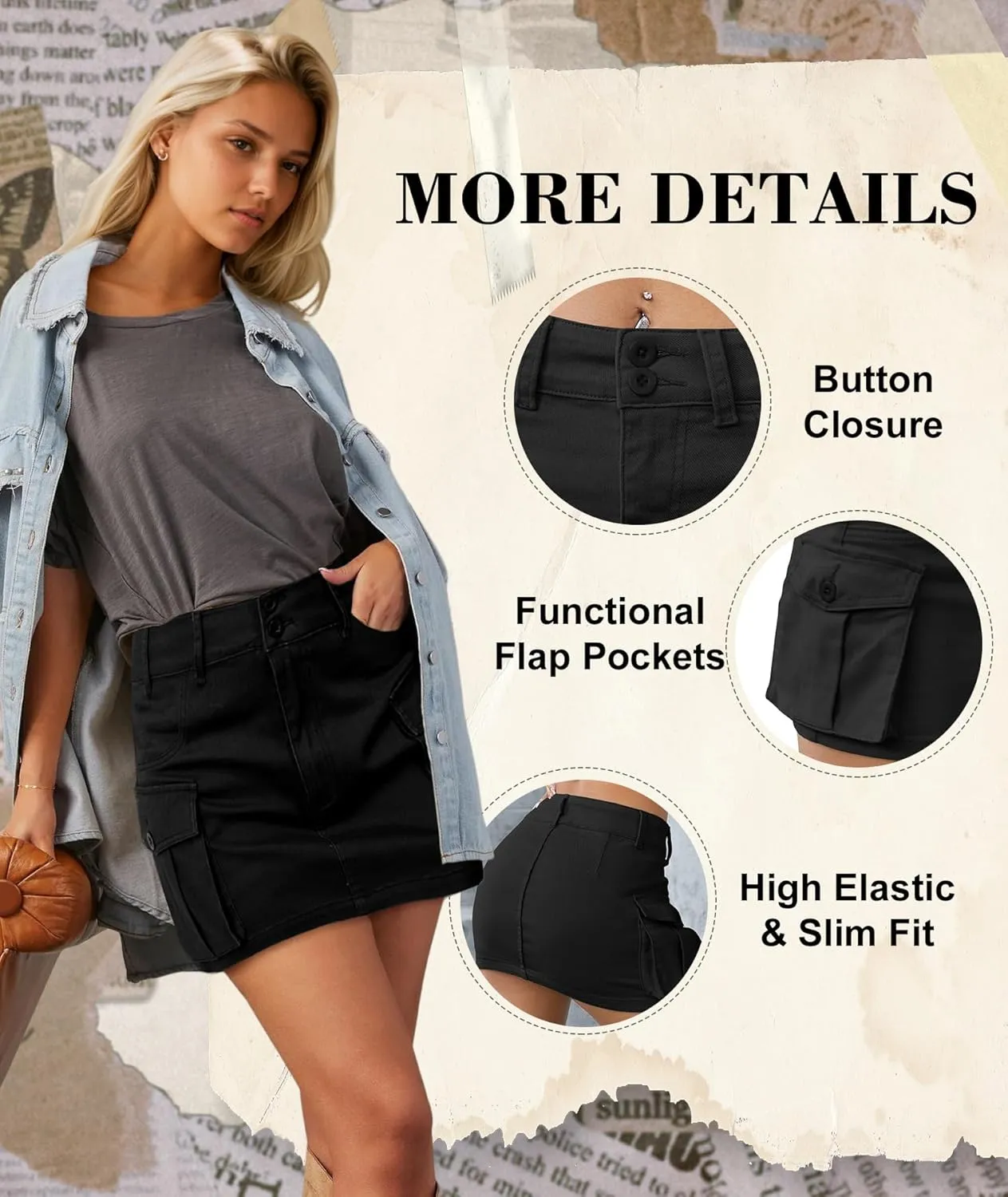 EARKOHA Women's Mini Cargo Skirt Y2K Low Waist Button Short Bodycon Denim Jean With Flap Pockets