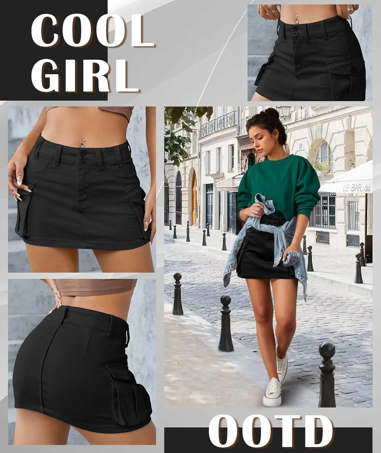 EARKOHA Women's Mini Cargo Skirt Y2K Low Waist Button Short Bodycon Denim Jean With Flap Pockets