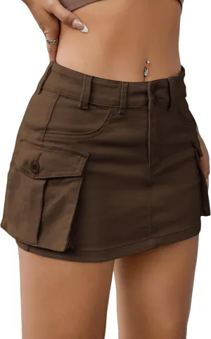 EARKOHA Women's Mini Cargo Skirt Y2K Low Waist Button Short Bodycon Denim Jean With Flap Pockets